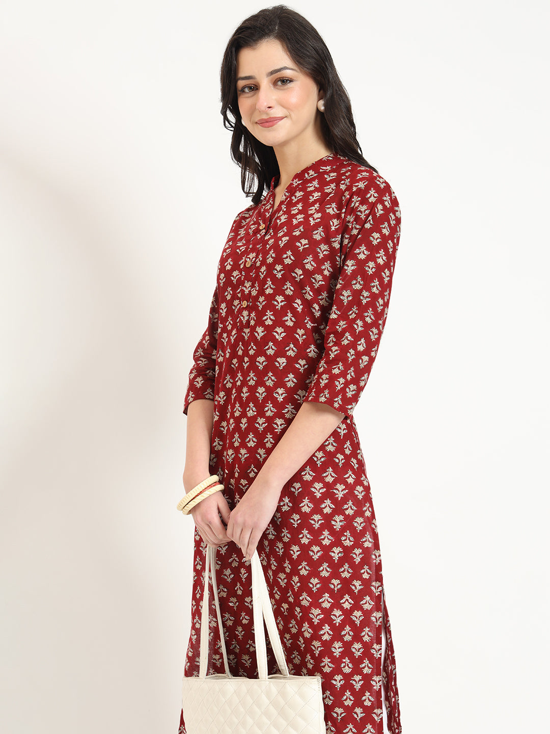 Noe Velarro Maroon Floral Print Cotton Fabric Straight Kurta