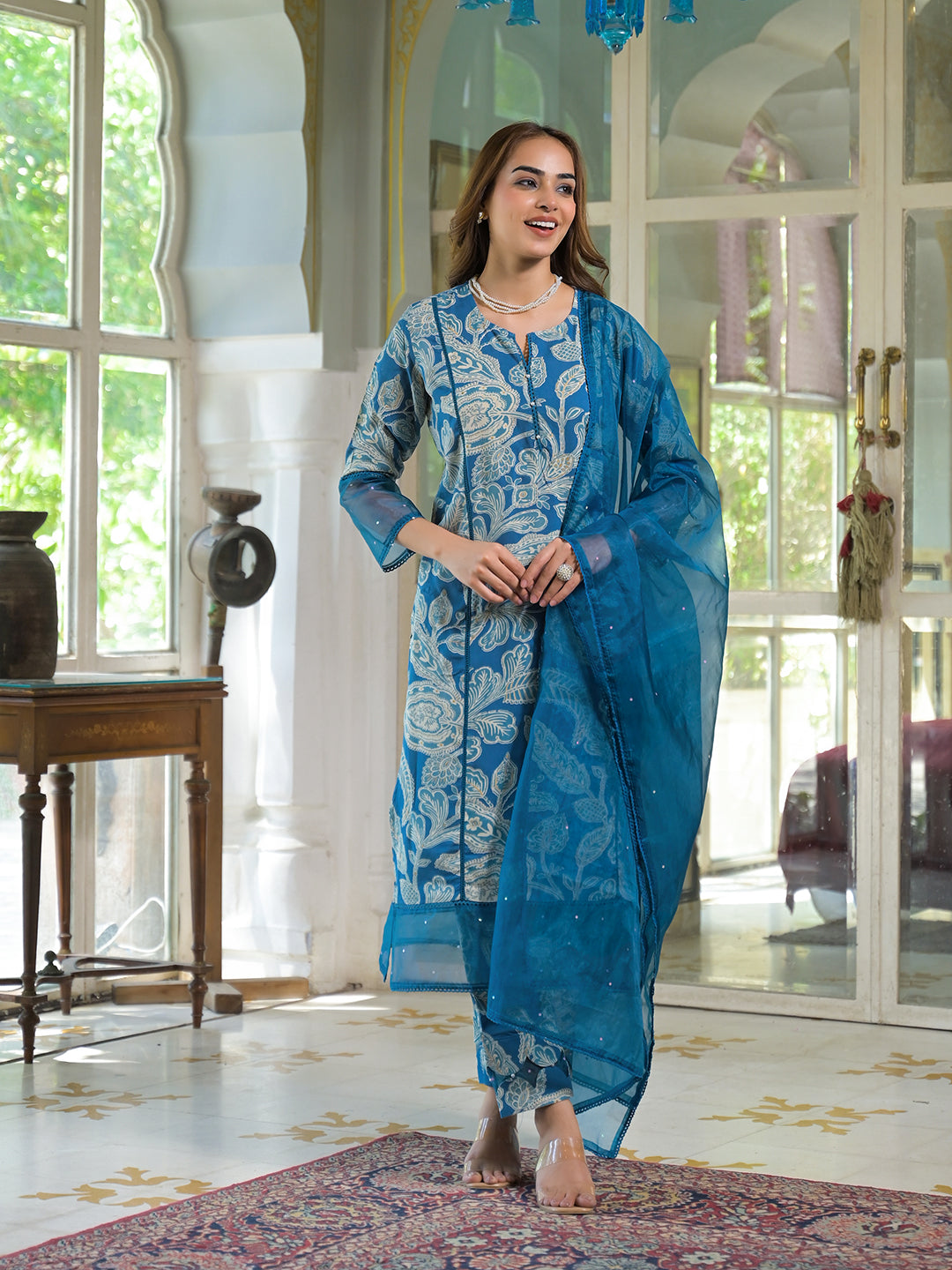 Noe Velarro Blue Rayon Floral Printed Kurta Pant with Dupatta