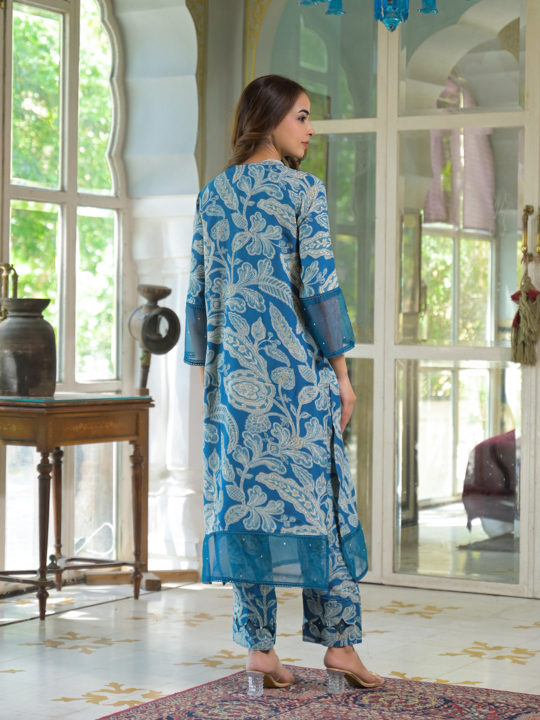 Noe Velarro Blue Rayon Floral Printed Kurta Pant with Dupatta