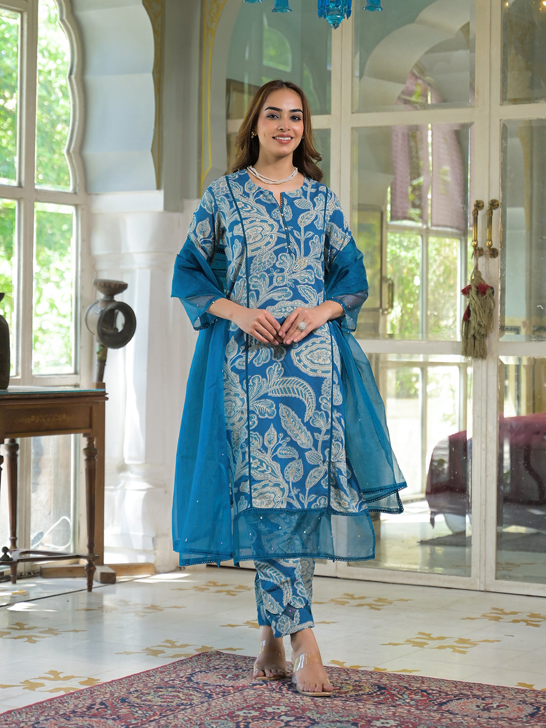 Noe Velarro Blue Rayon Floral Printed Kurta Pant with Dupatta