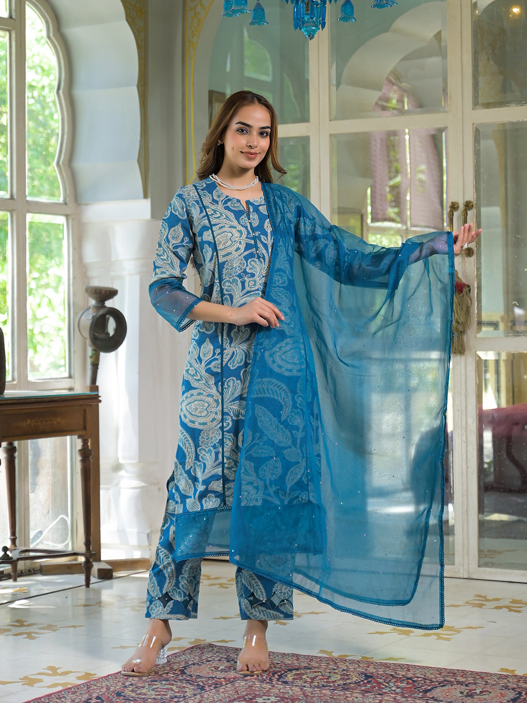 Noe Velarro Blue Rayon Floral Printed Kurta Pant with Dupatta