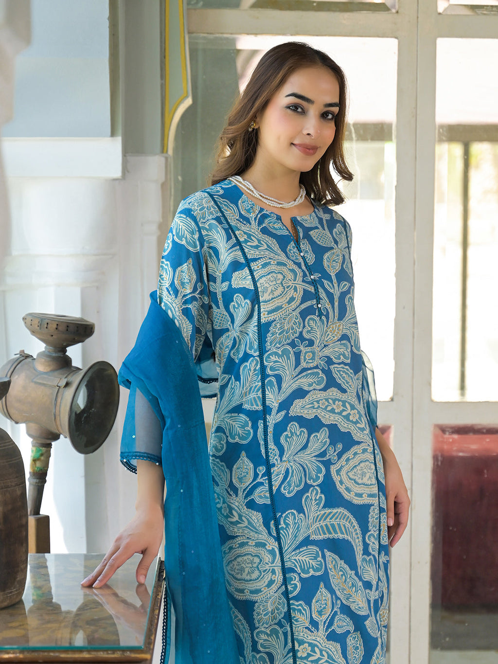Noe Velarro Blue Rayon Floral Printed Kurta Pant with Dupatta