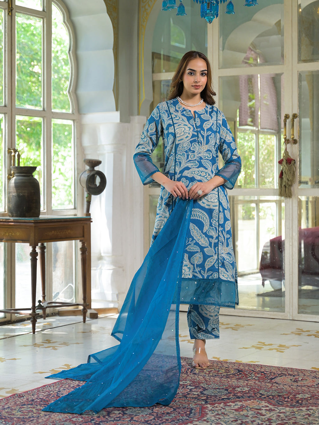 Noe Velarro Blue Rayon Floral Printed Kurta Pant with Dupatta