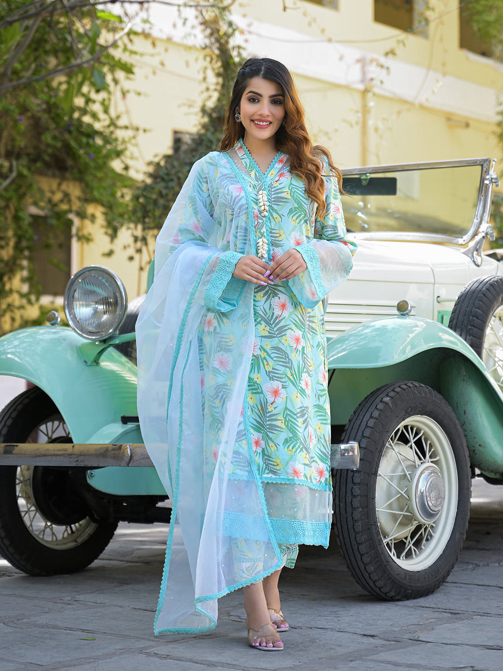 Noe Velarro Seagreen Floral Printed Rayon Kurta Pant Set With Dupatta