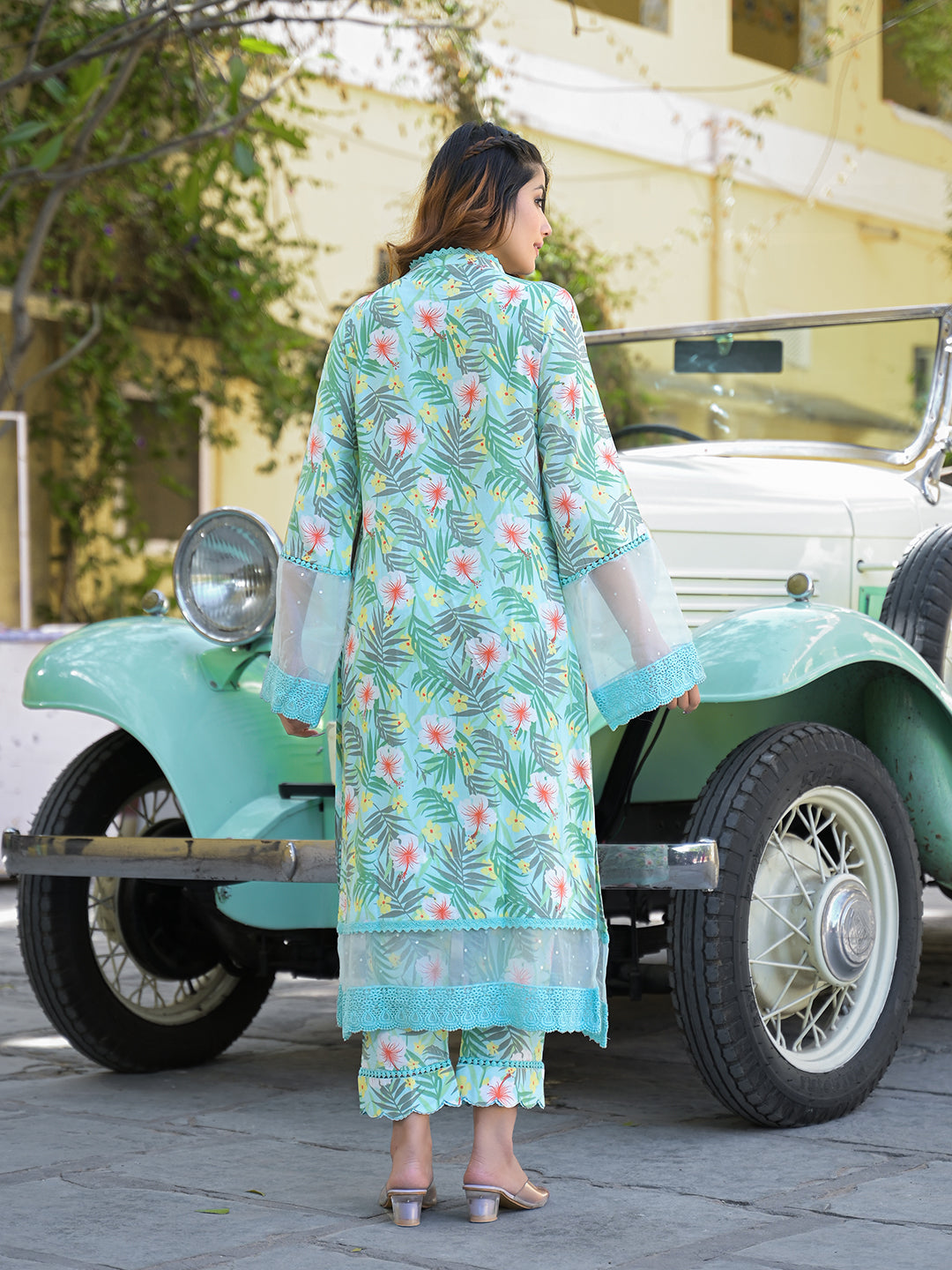 Noe Velarro Seagreen Floral Printed Rayon Kurta Pant Set With Dupatta
