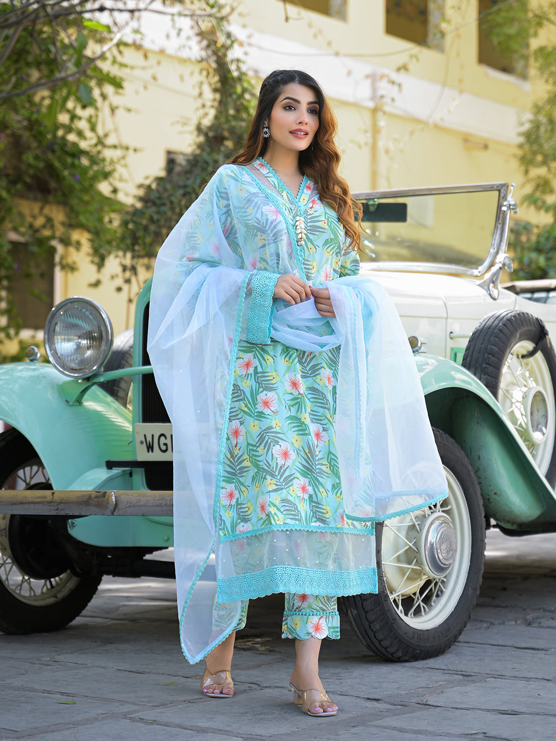 Noe Velarro Seagreen Floral Printed Rayon Kurta Pant Set With Dupatta