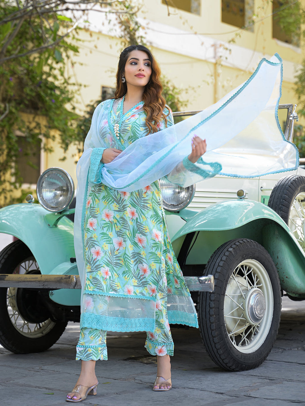 Noe Velarro Seagreen Floral Printed Rayon Kurta Pant Set With Dupatta