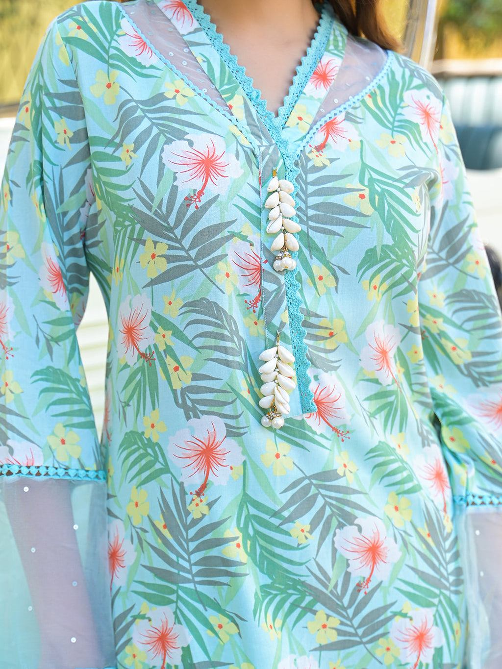 Noe Velarro Seagreen Floral Printed Rayon Kurta Pant Set With Dupatta