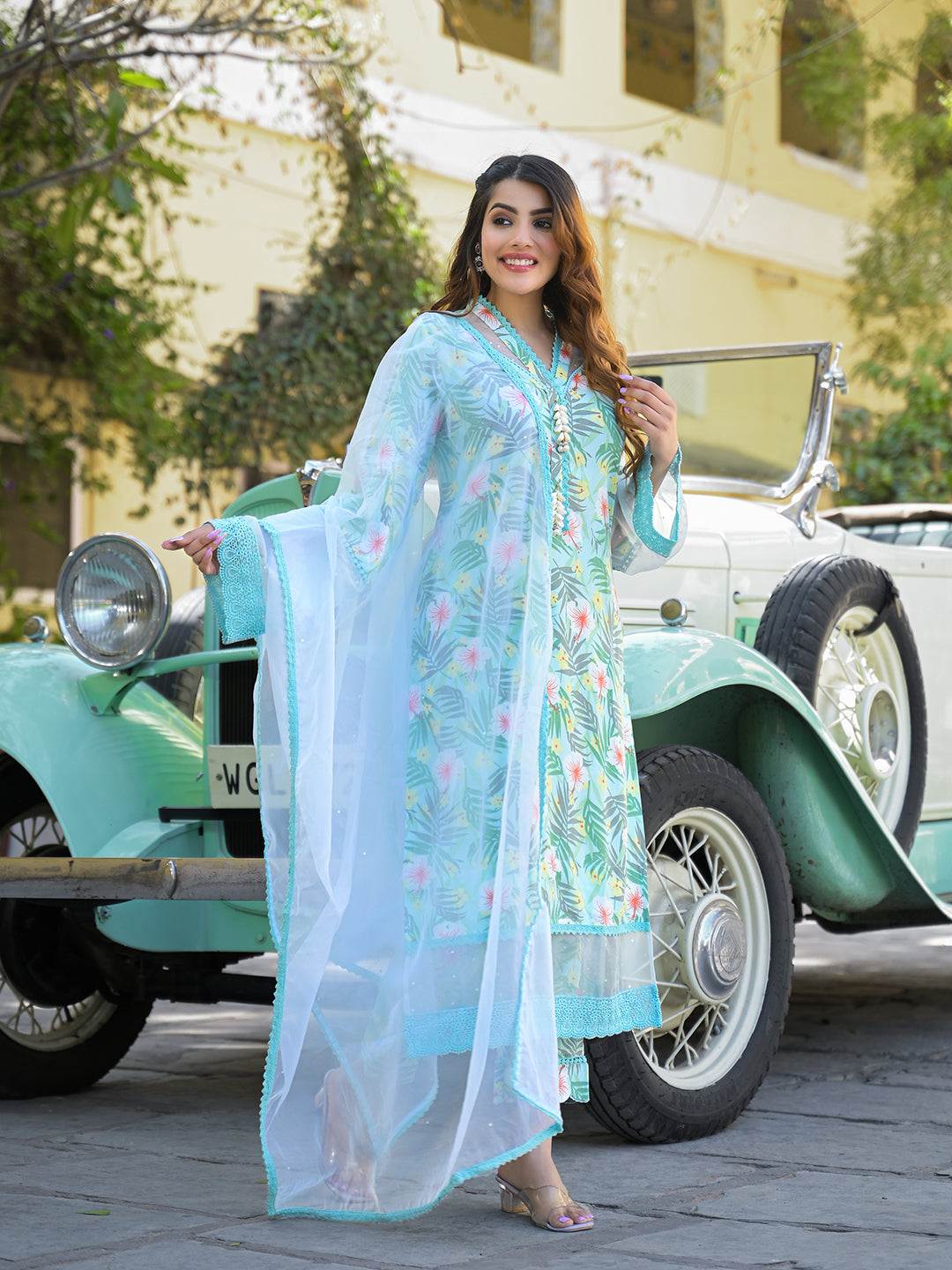 Noe Velarro Seagreen Floral Printed Rayon Kurta Pant Set With Dupatta