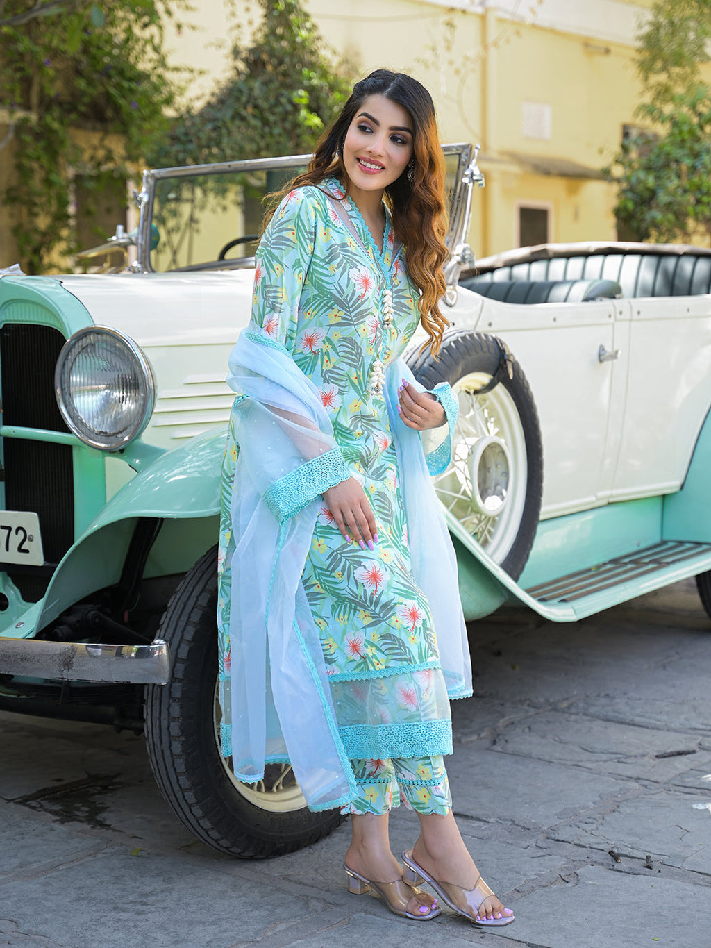 Noe Velarro Seagreen Floral Printed Rayon Kurta Pant Set With Dupatta