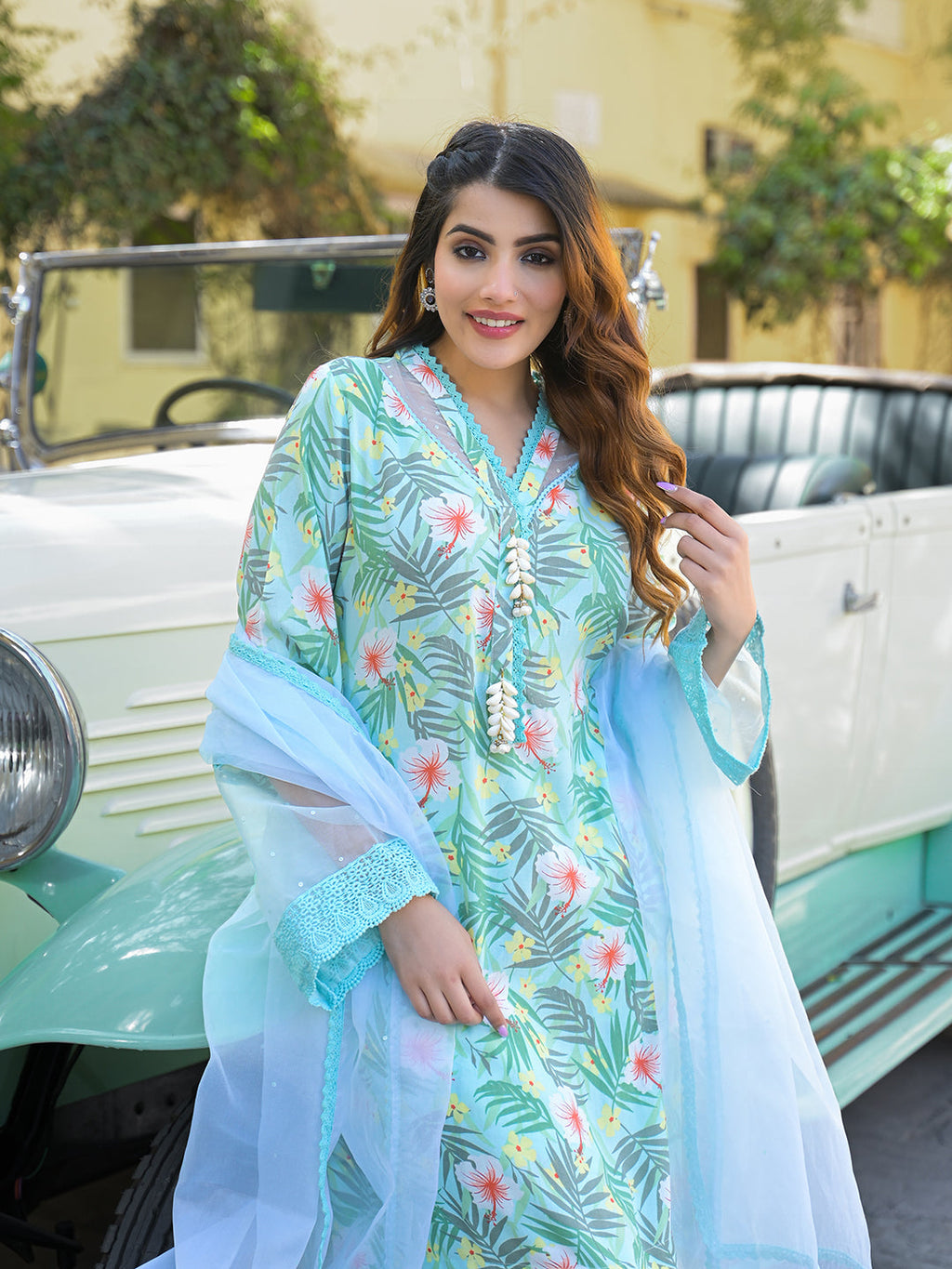 Noe Velarro Seagreen Floral Printed Rayon Kurta Pant Set With Dupatta