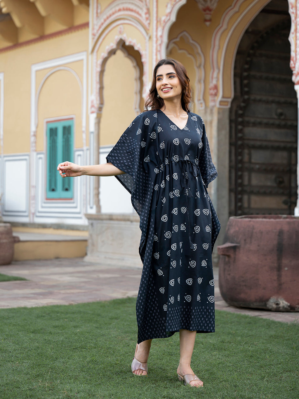 Noe Velarro Black Floral Print Kaftan