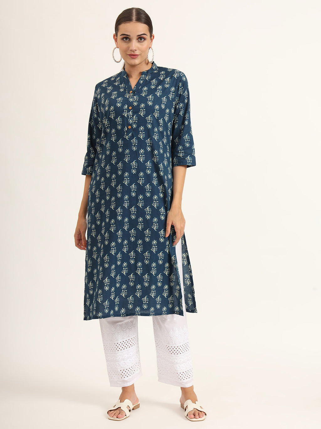 Noe Velarro Blue Floral Print Pure Cotton Straight Kurta
