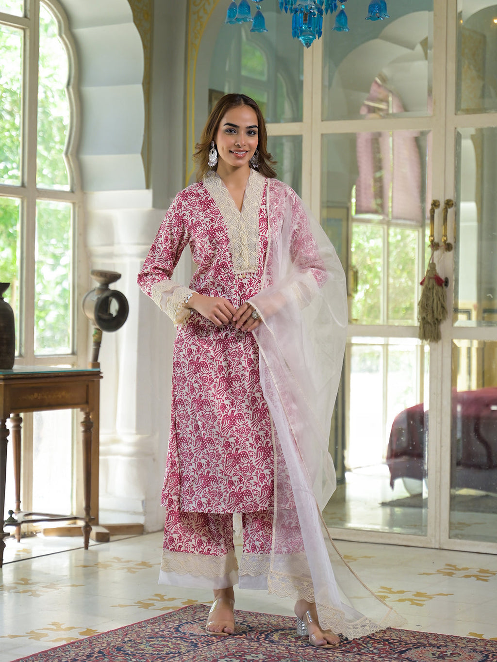 Noe Velarro Cream & Pink Rayon Ethnic Print Kurta Pant with Dupatta