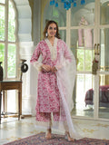 Noe Velarro Cream & Pink Rayon Ethnic Print Kurta Pant with Dupatta