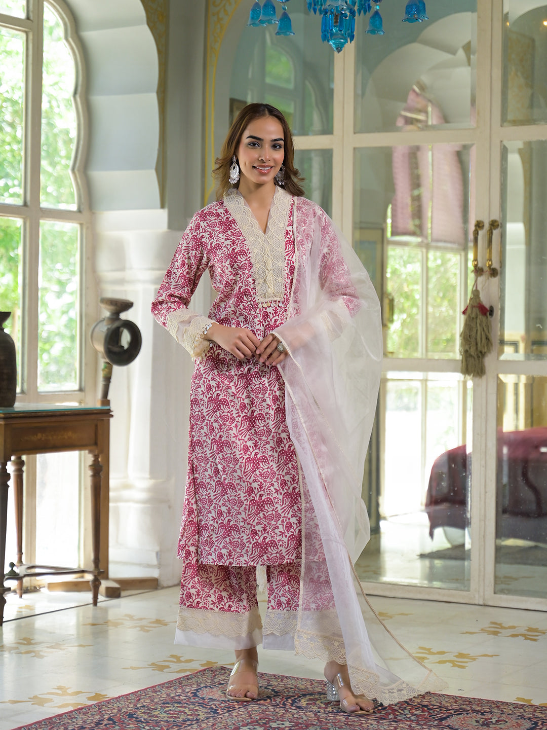 Noe Velarro Cream & Pink Rayon Ethnic Print Kurta Pant with Dupatta