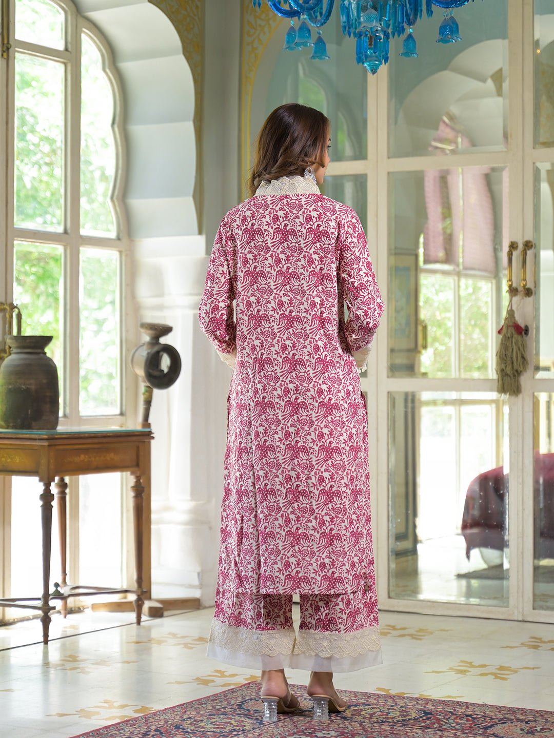 Noe Velarro Cream & Pink Rayon Ethnic Print Kurta Pant with Dupatta