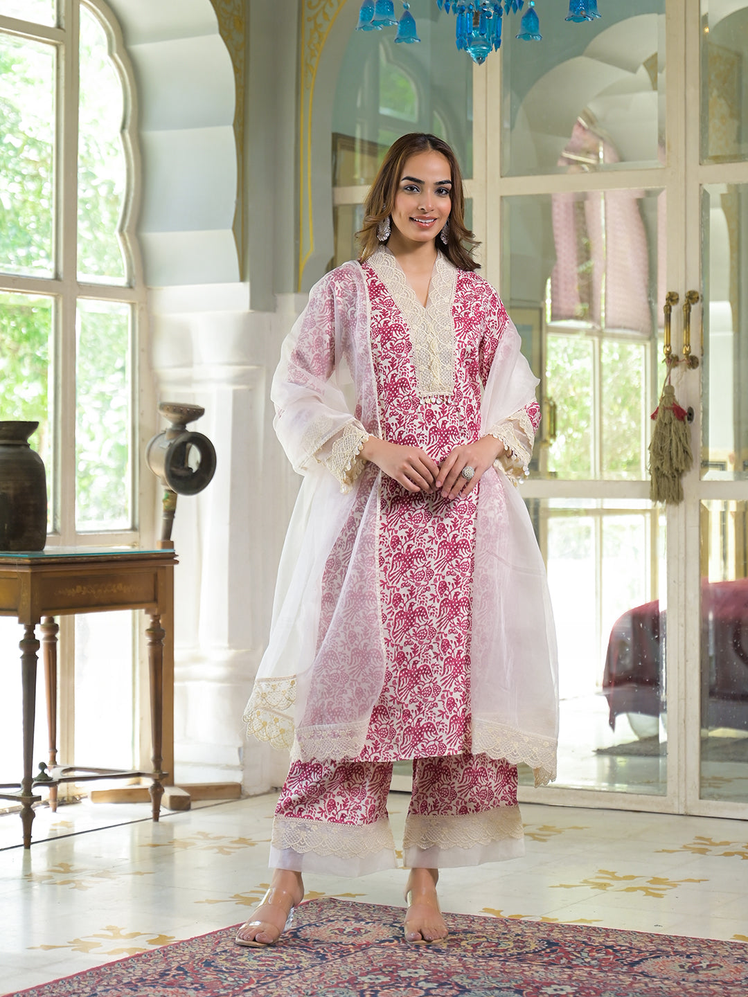 Noe Velarro Cream & Pink Rayon Ethnic Print Kurta Pant with Dupatta