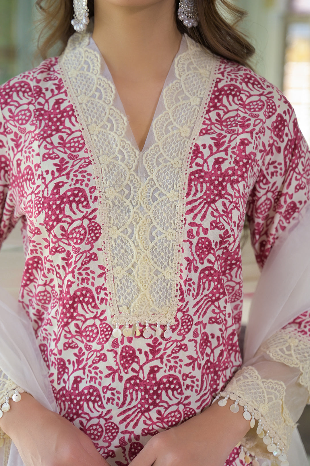 Noe Velarro Cream & Pink Rayon Ethnic Print Kurta Pant with Dupatta