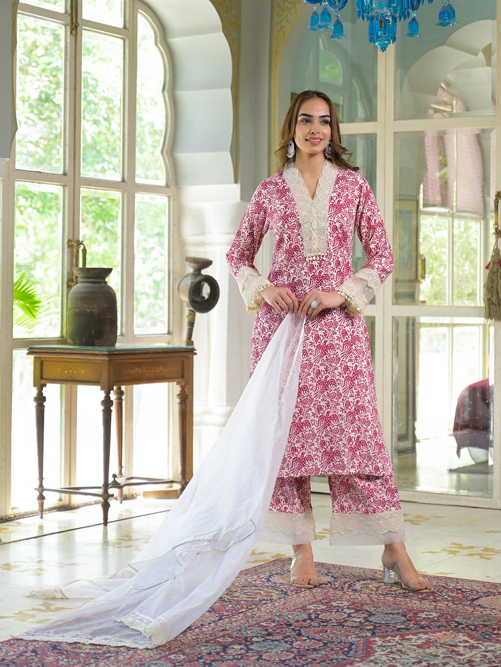 Noe Velarro Cream & Pink Rayon Ethnic Print Kurta Pant with Dupatta