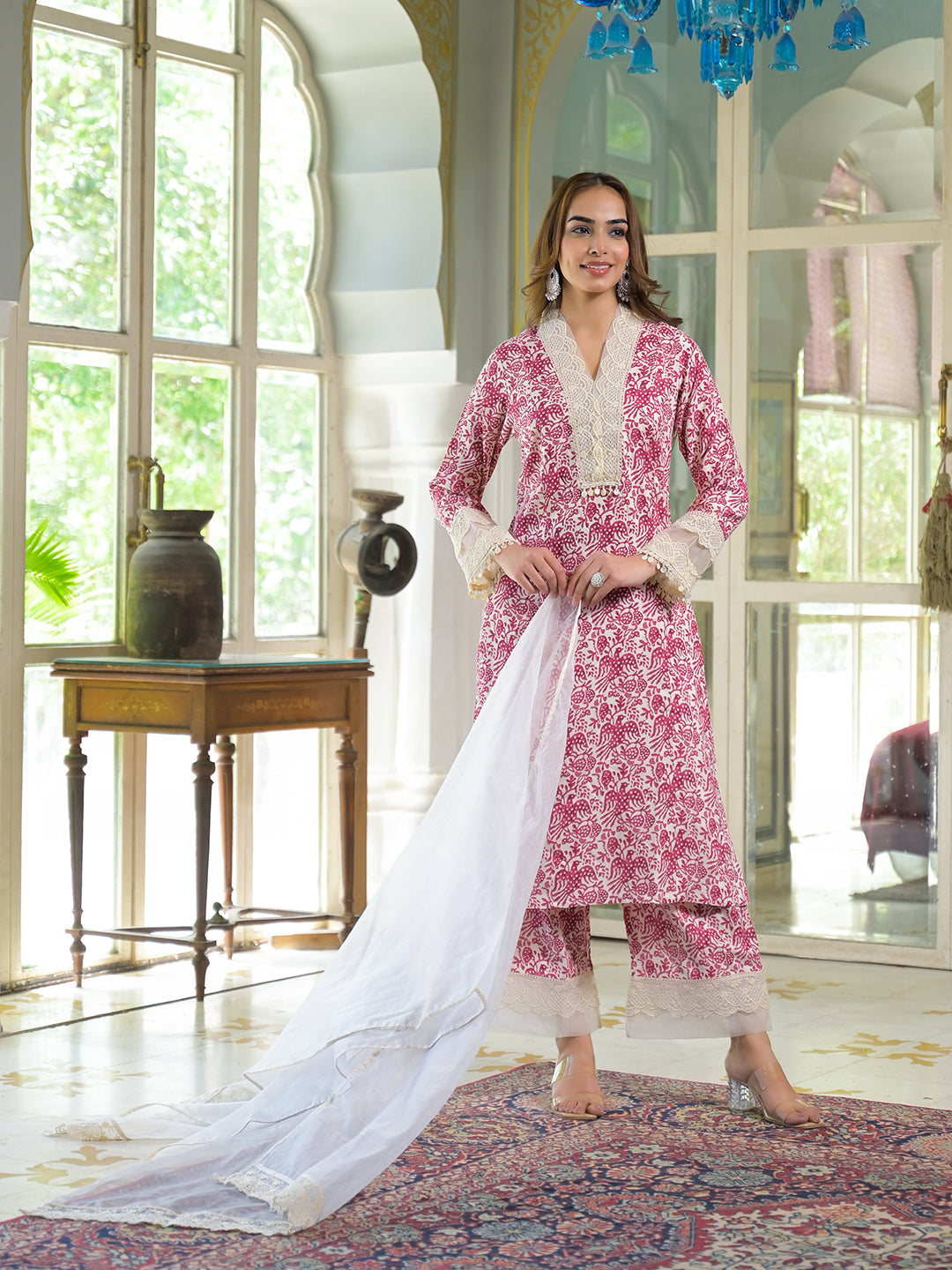 Noe Velarro Cream & Pink Rayon Ethnic Print Kurta Pant with Dupatta