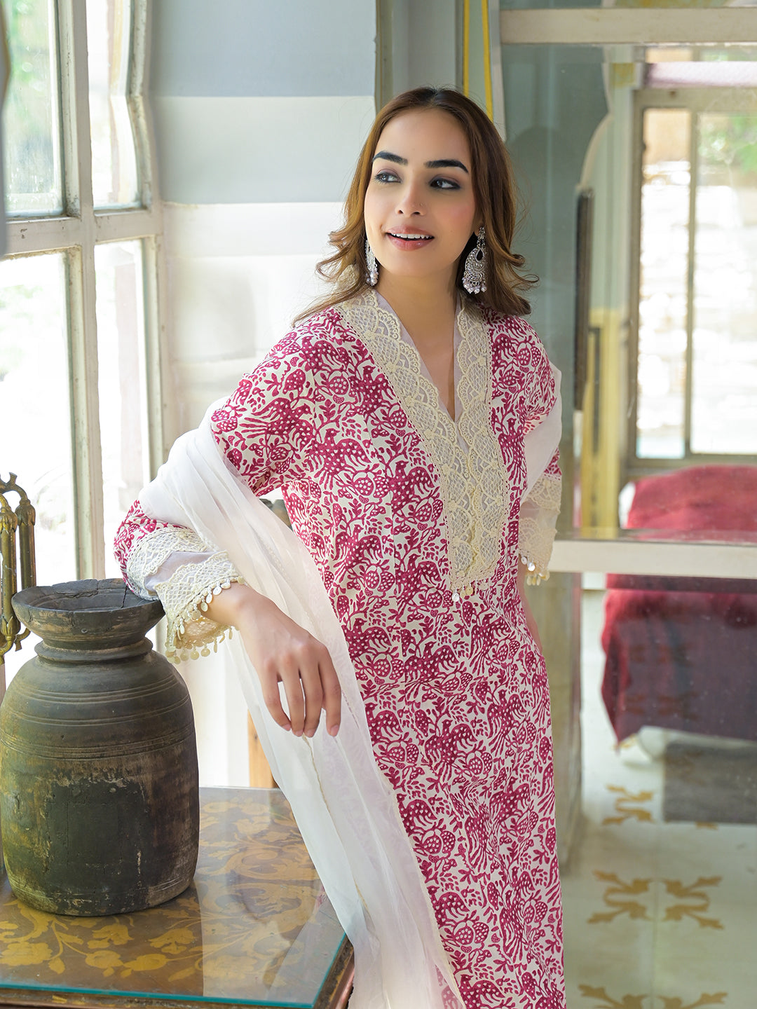 Noe Velarro Cream & Pink Rayon Ethnic Print Kurta Pant with Dupatta