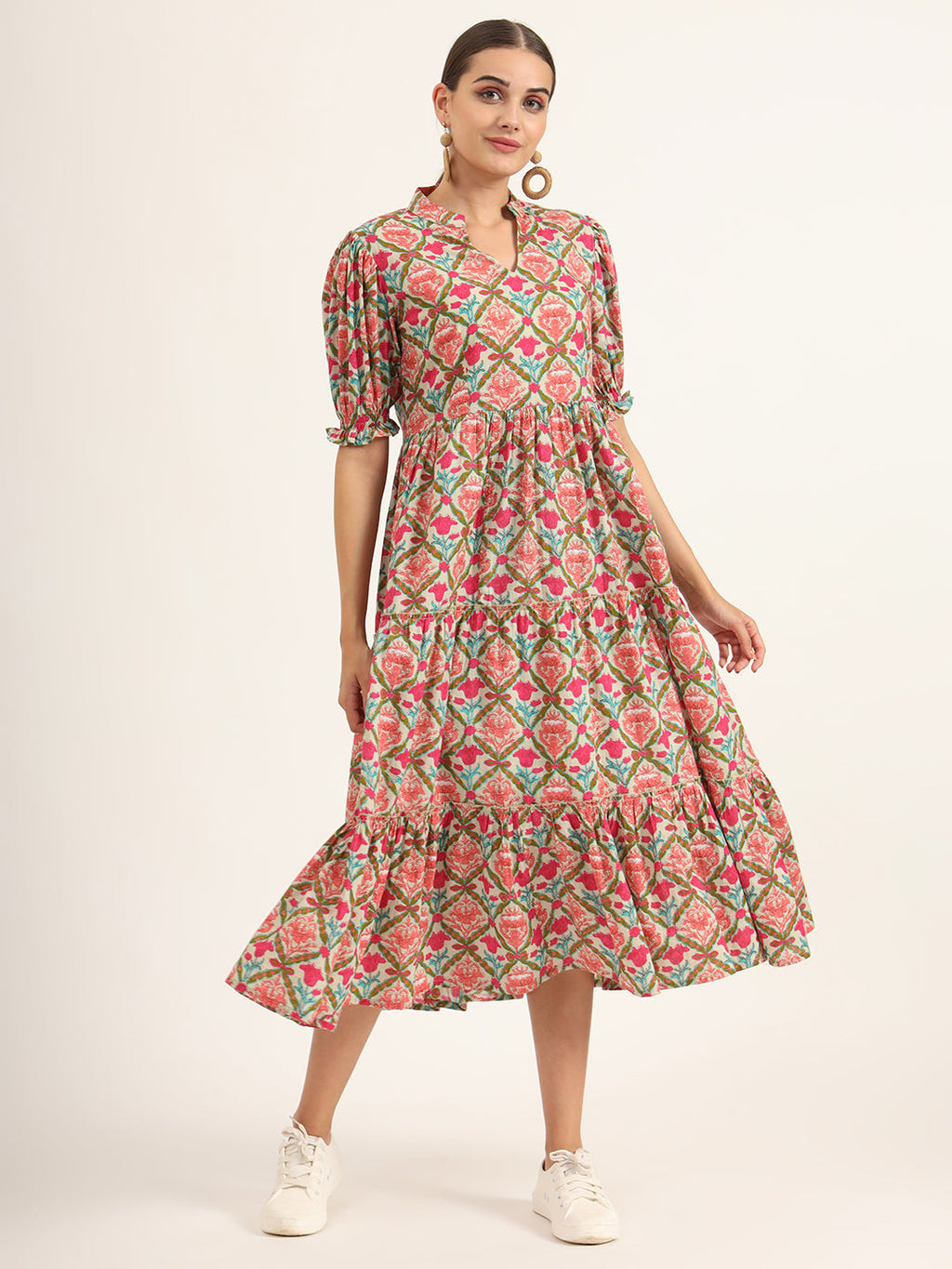 Noe Velarro Multi Color Floral Print Midi Dress