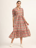 Noe Velarro Multi Color Floral Print Midi Dress