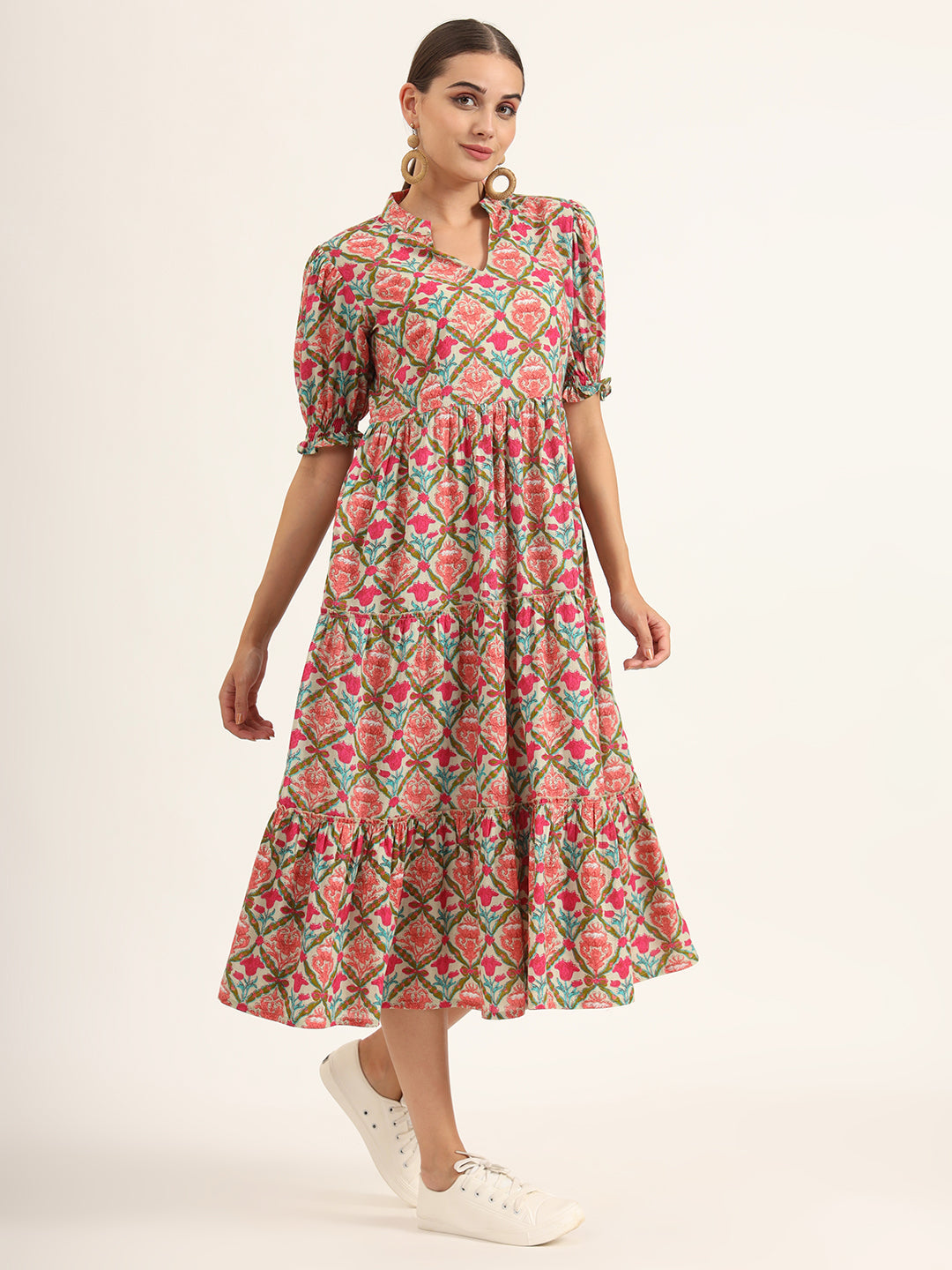 Noe Velarro Multi Color Floral Print Midi Dress