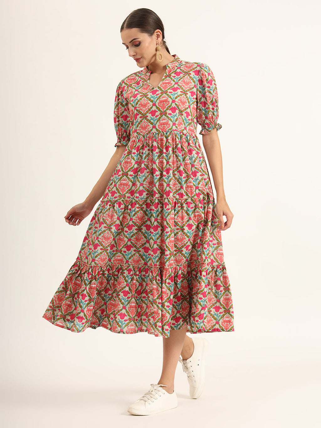 Noe Velarro Multi Color Floral Print Midi Dress