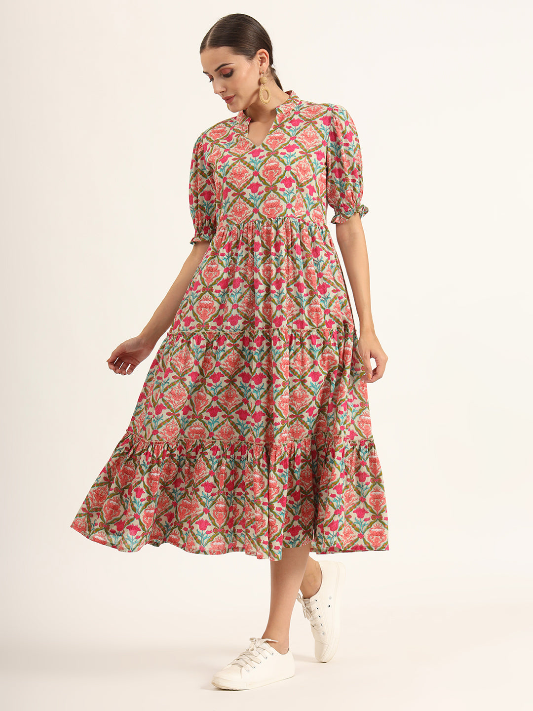 Noe Velarro Multi Color Floral Print Midi Dress