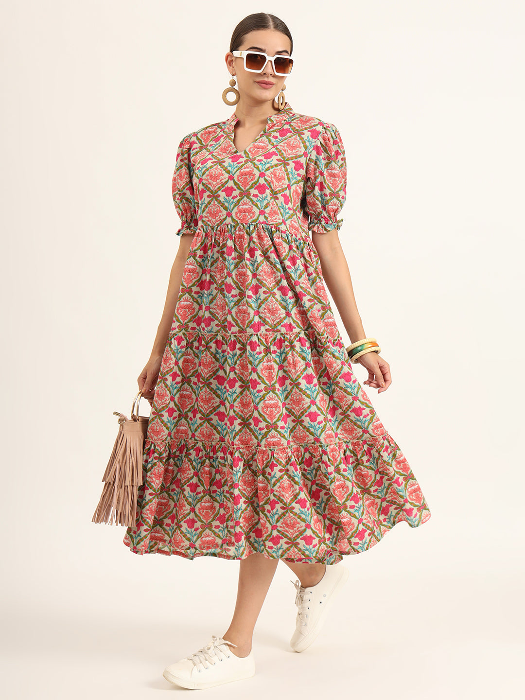 Noe Velarro Multi Color Floral Print Midi Dress