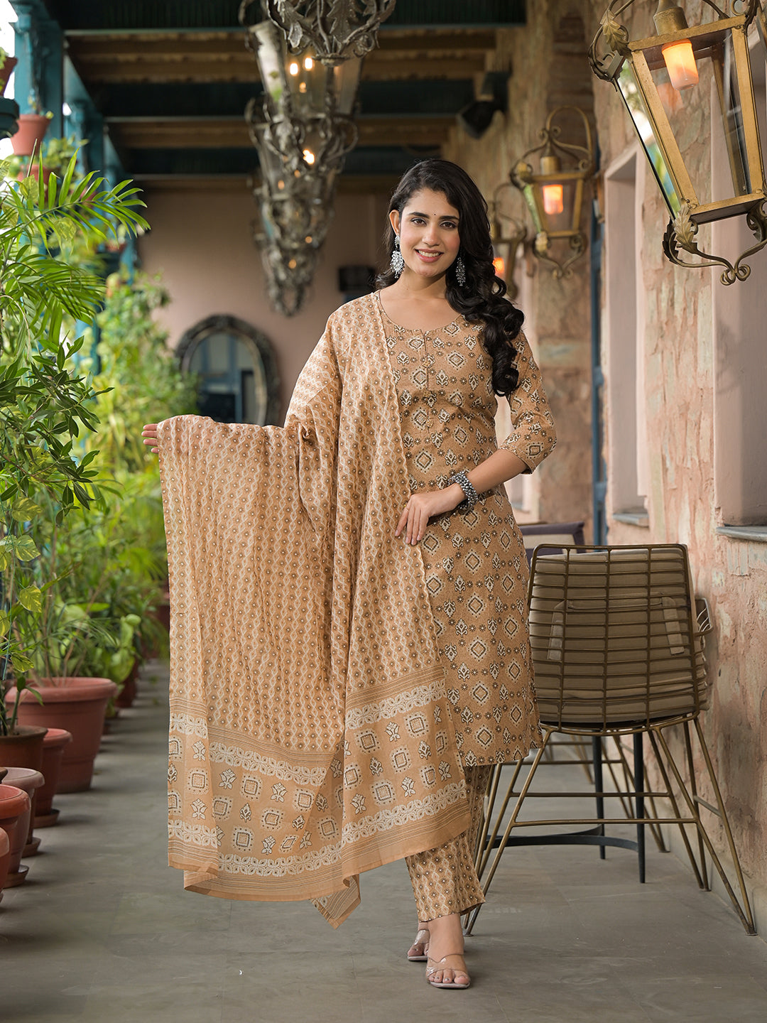 Noe Velarro Brown Cotton Kurta Pant with Dupatta