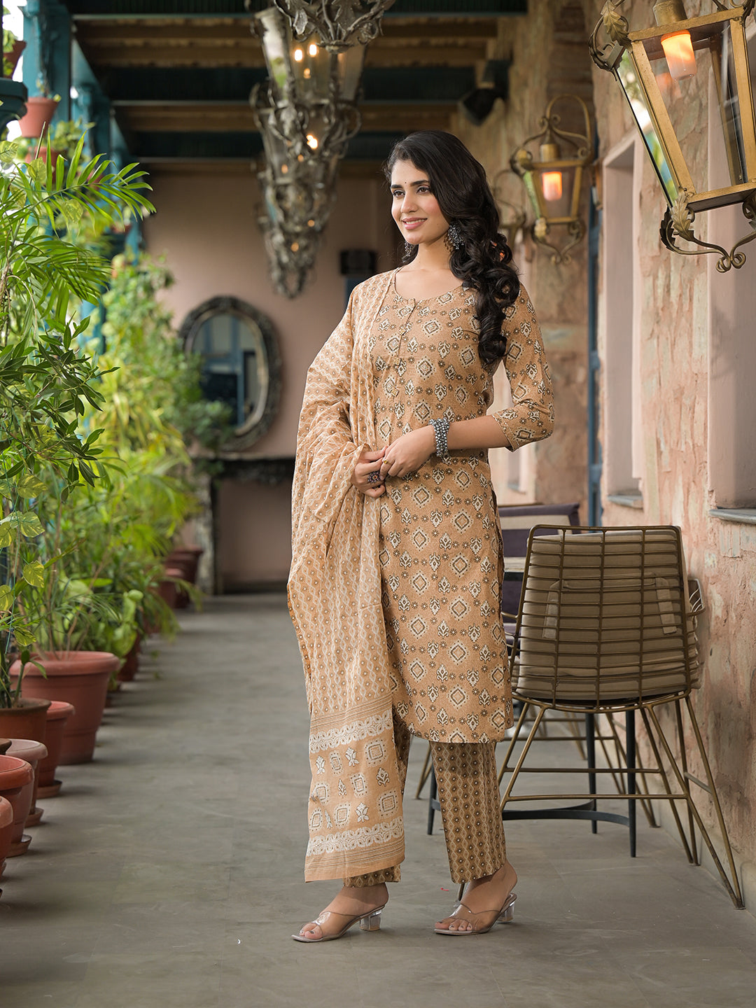Noe Velarro Brown Cotton Kurta Pant with Dupatta