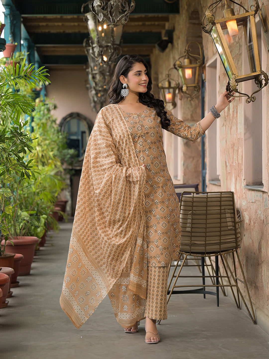 Noe Velarro Brown Cotton Kurta Pant with Dupatta