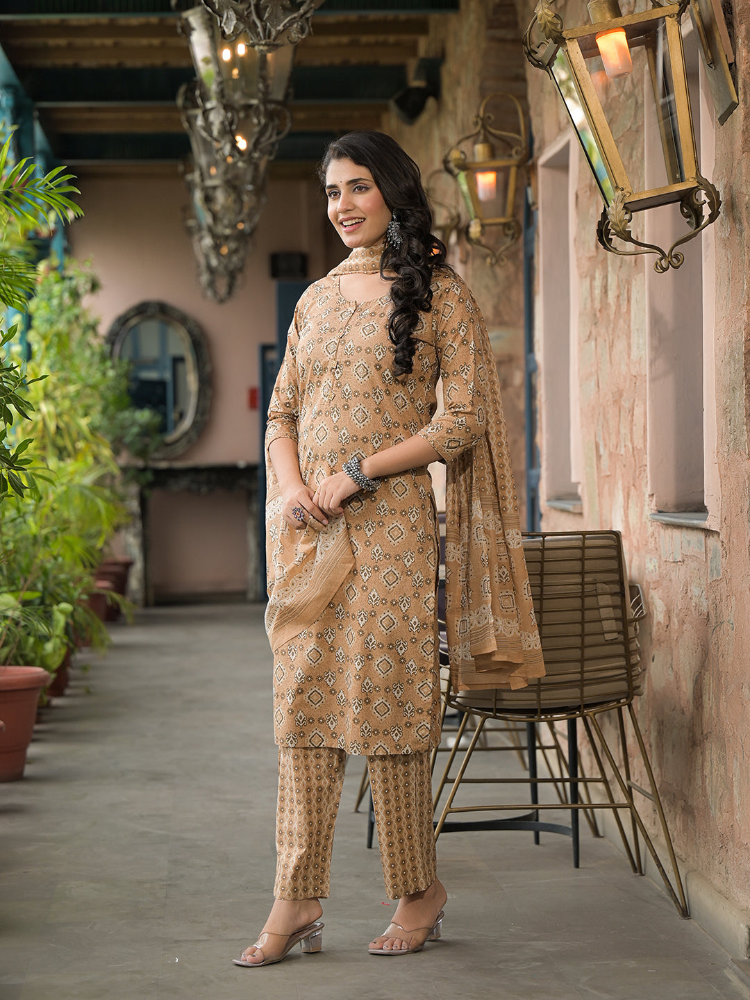 Noe Velarro Brown Cotton Kurta Pant with Dupatta