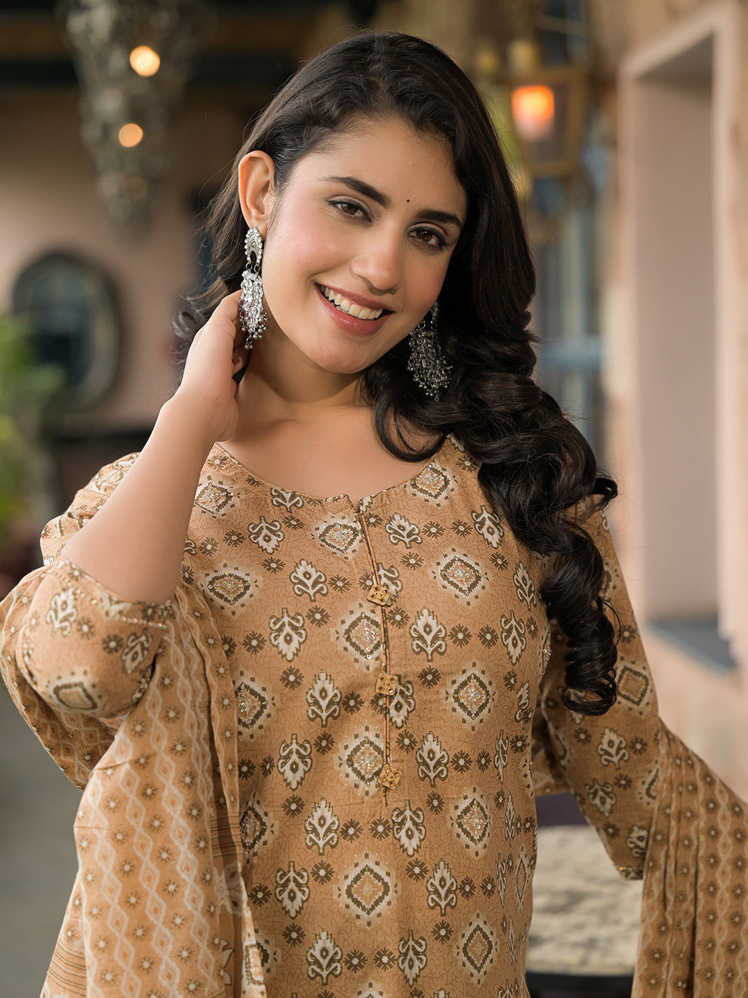 Noe Velarro Brown Cotton Kurta Pant with Dupatta
