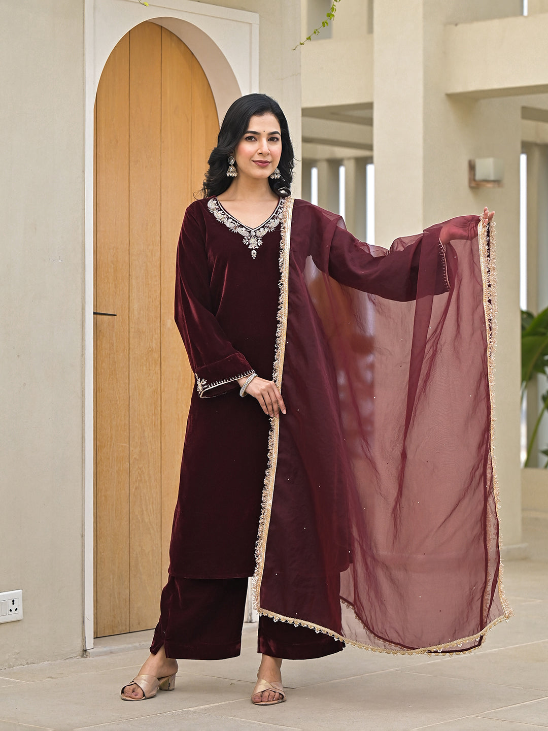 Noe Velarro Embroidered Maroon Velvet Kurta Pant Dupatta Set for Women
