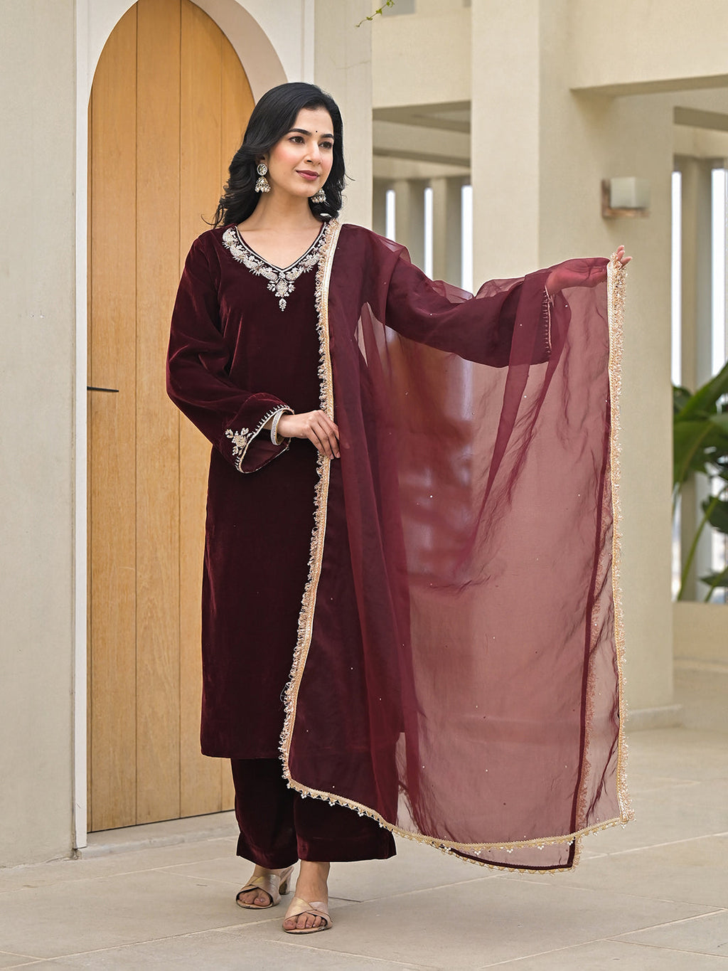 Noe Velarro Embroidered Maroon Velvet Kurta Pant Dupatta Set for Women