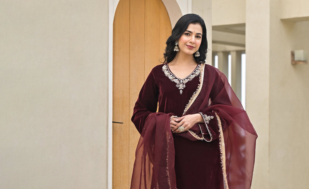 Noe Velarro Embroidered Maroon Velvet Kurta Pant Dupatta Set for Women