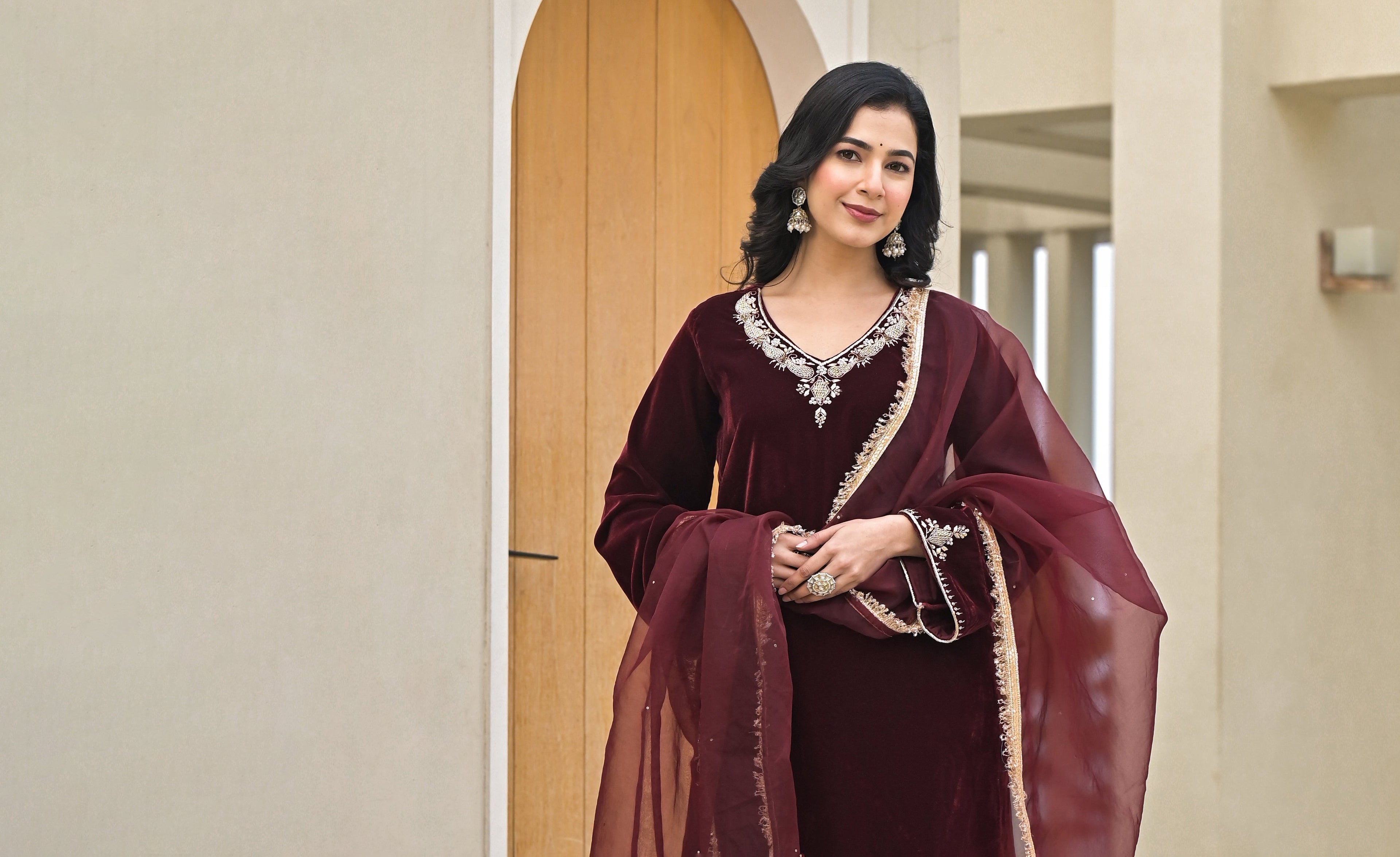 Noe Velarro Embroidered Maroon Velvet Kurta Pant Dupatta Set for Women