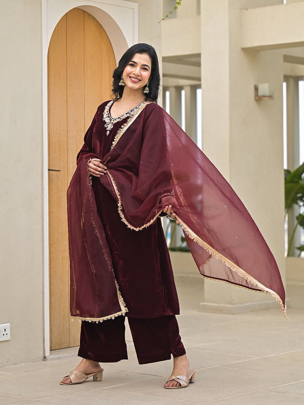 Noe Velarro Embroidered Maroon Velvet Kurta Pant Dupatta Set for Women