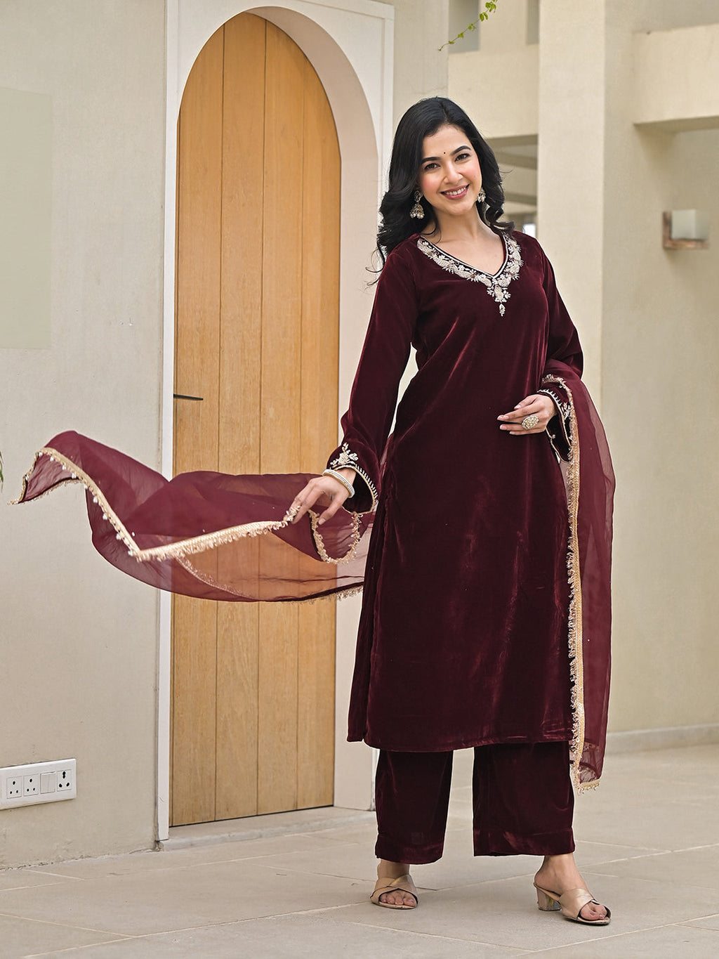 Noe Velarro Embroidered Maroon Velvet Kurta Pant Dupatta Set for Women
