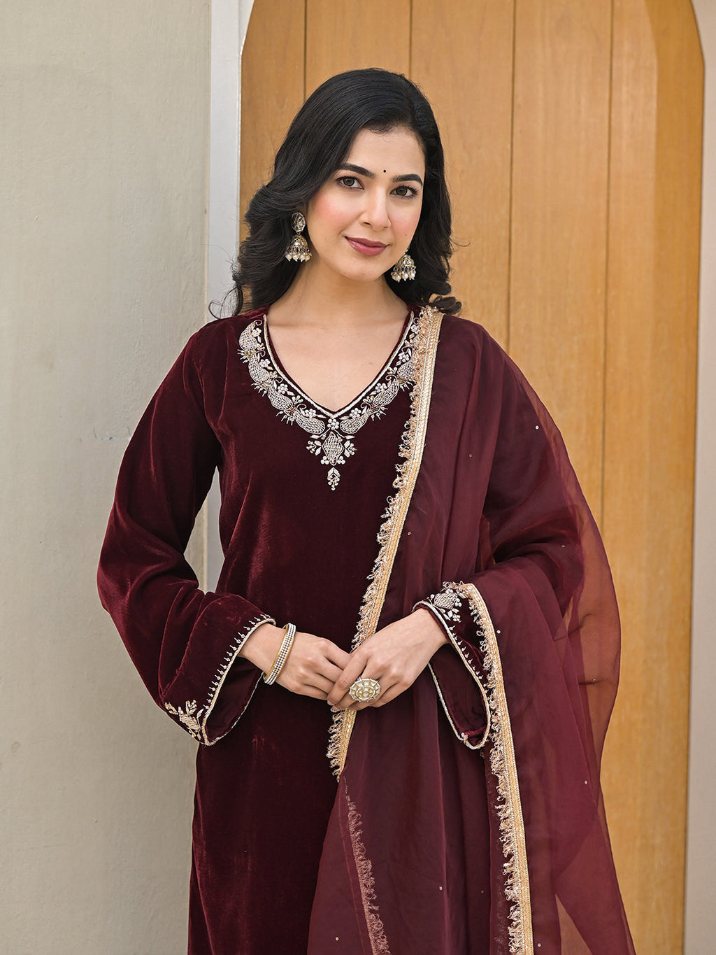 Noe Velarro Embroidered Maroon Velvet Kurta Pant Dupatta Set for Women