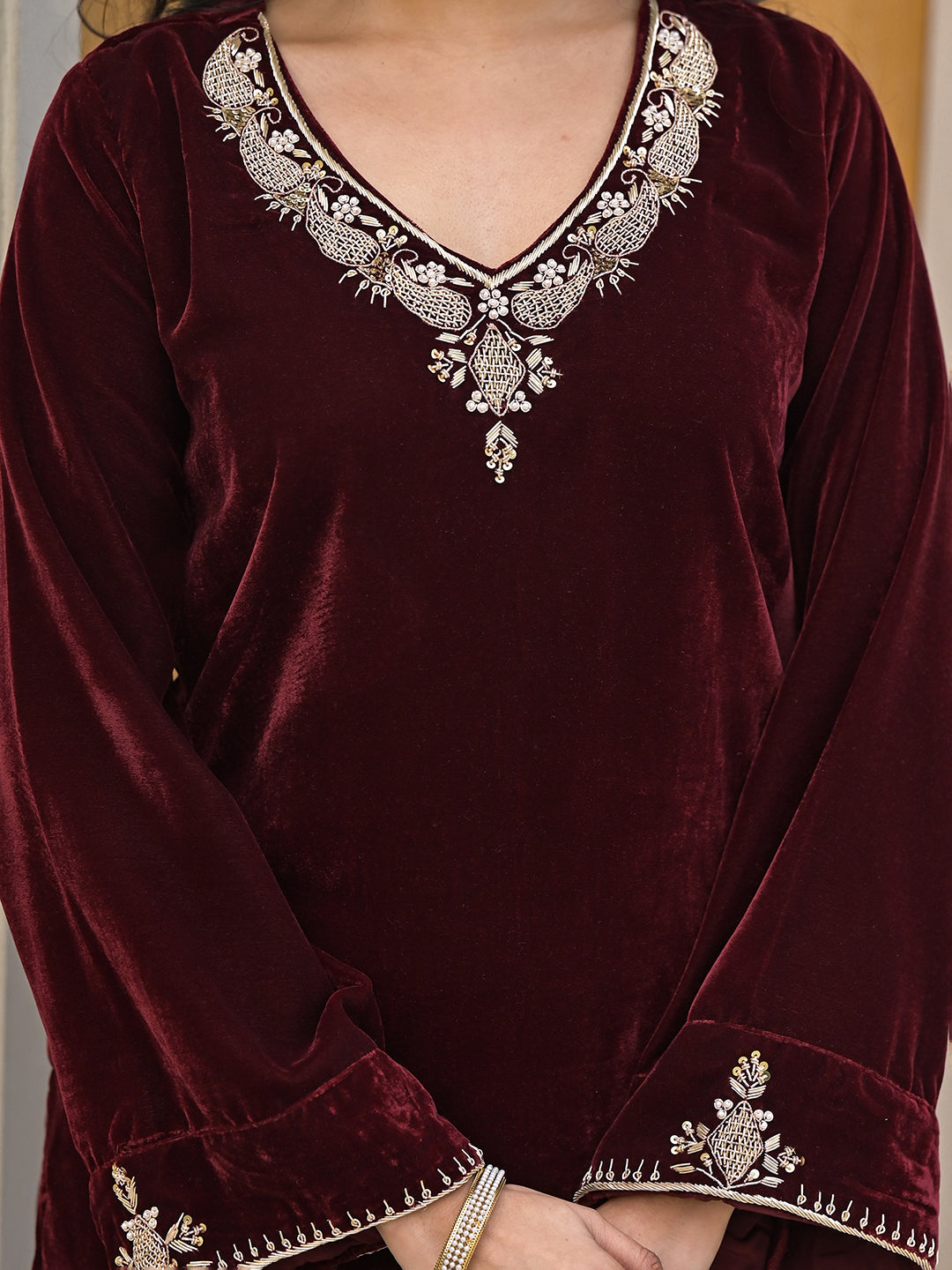 Noe Velarro Embroidered Maroon Velvet Kurta Pant Dupatta Set for Women