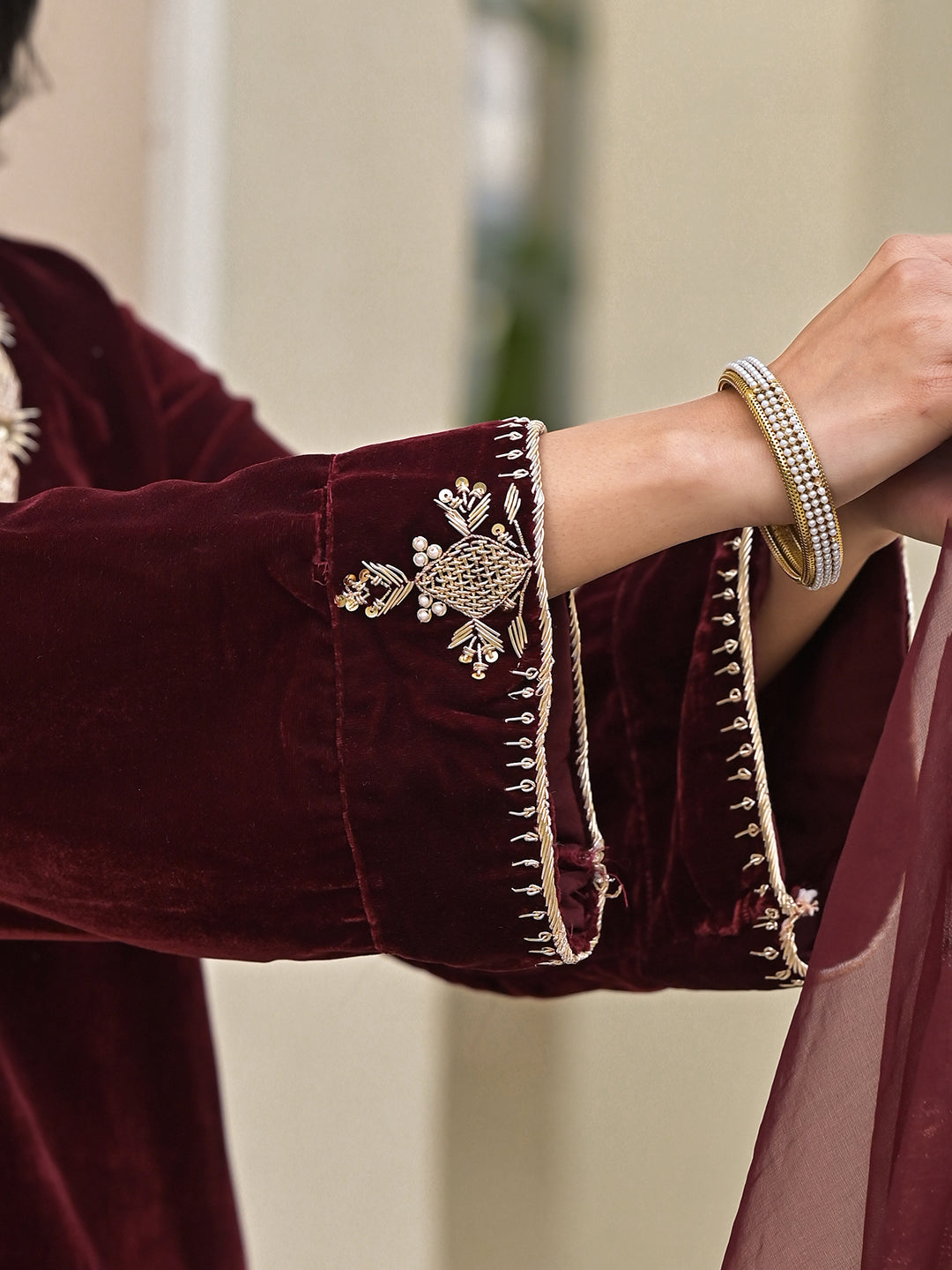 Noe Velarro Embroidered Maroon Velvet Kurta Pant Dupatta Set for Women