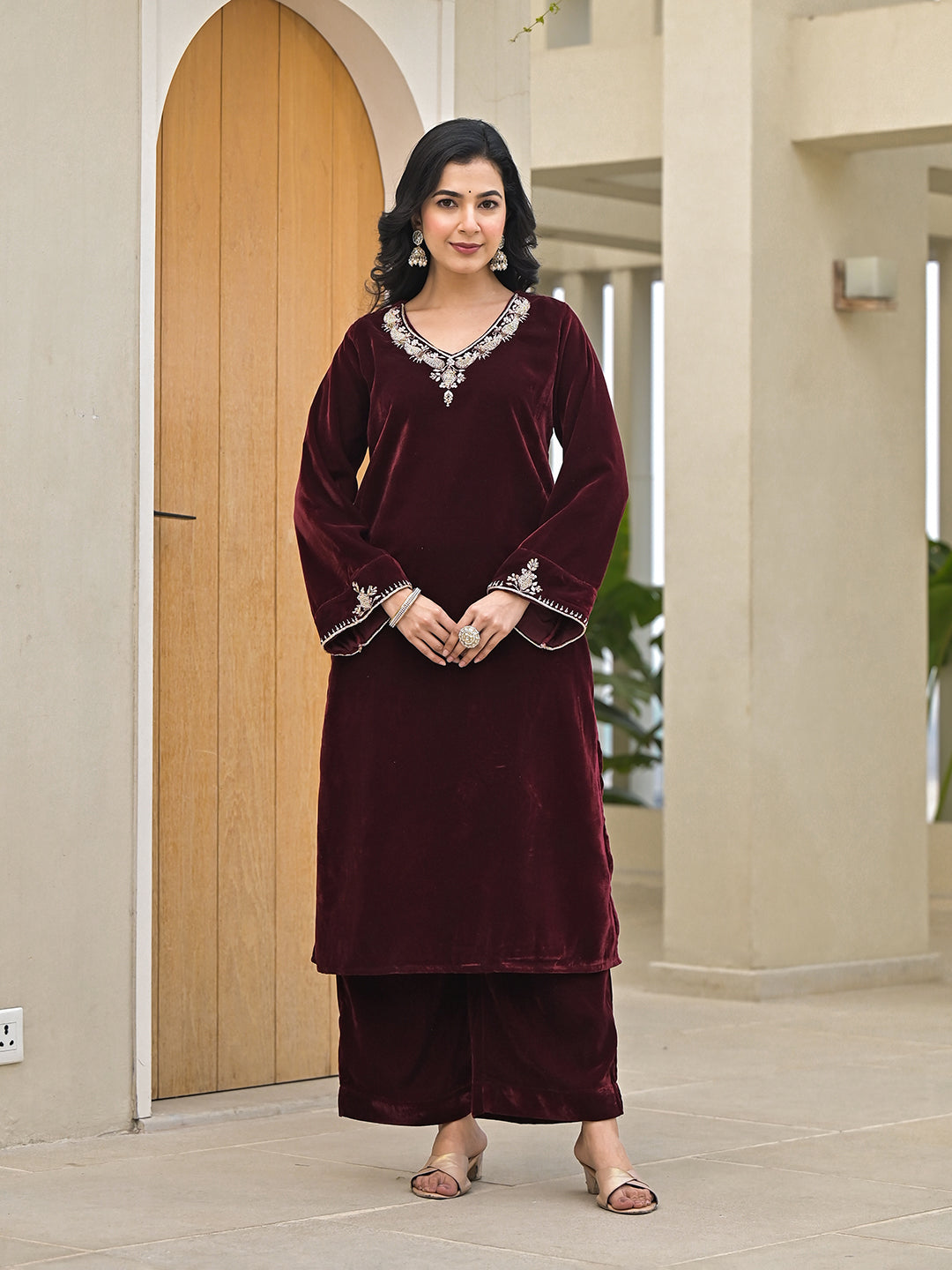 Noe Velarro Embroidered Maroon Velvet Kurta Pant Dupatta Set for Women
