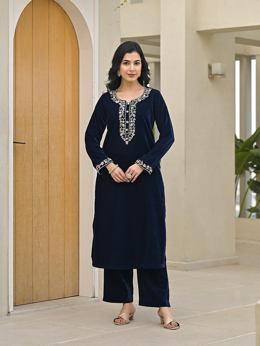 Noe Velarro Embroidered Blue Velvet Kurta Pant Dupatta Set for Women