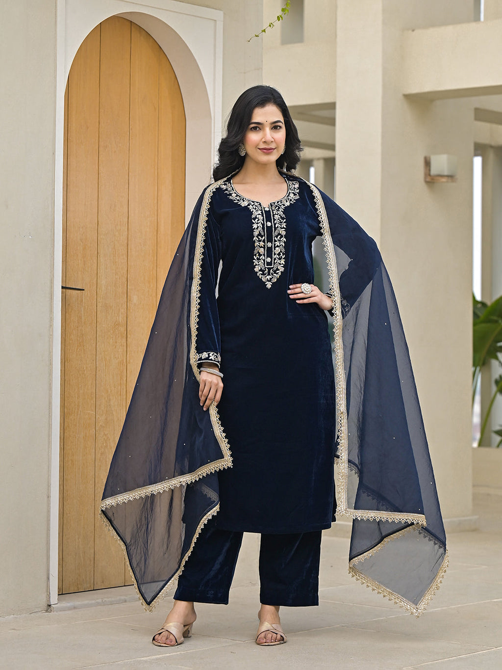 Noe Velarro Embroidered Blue Velvet Kurta Pant Dupatta Set for Women