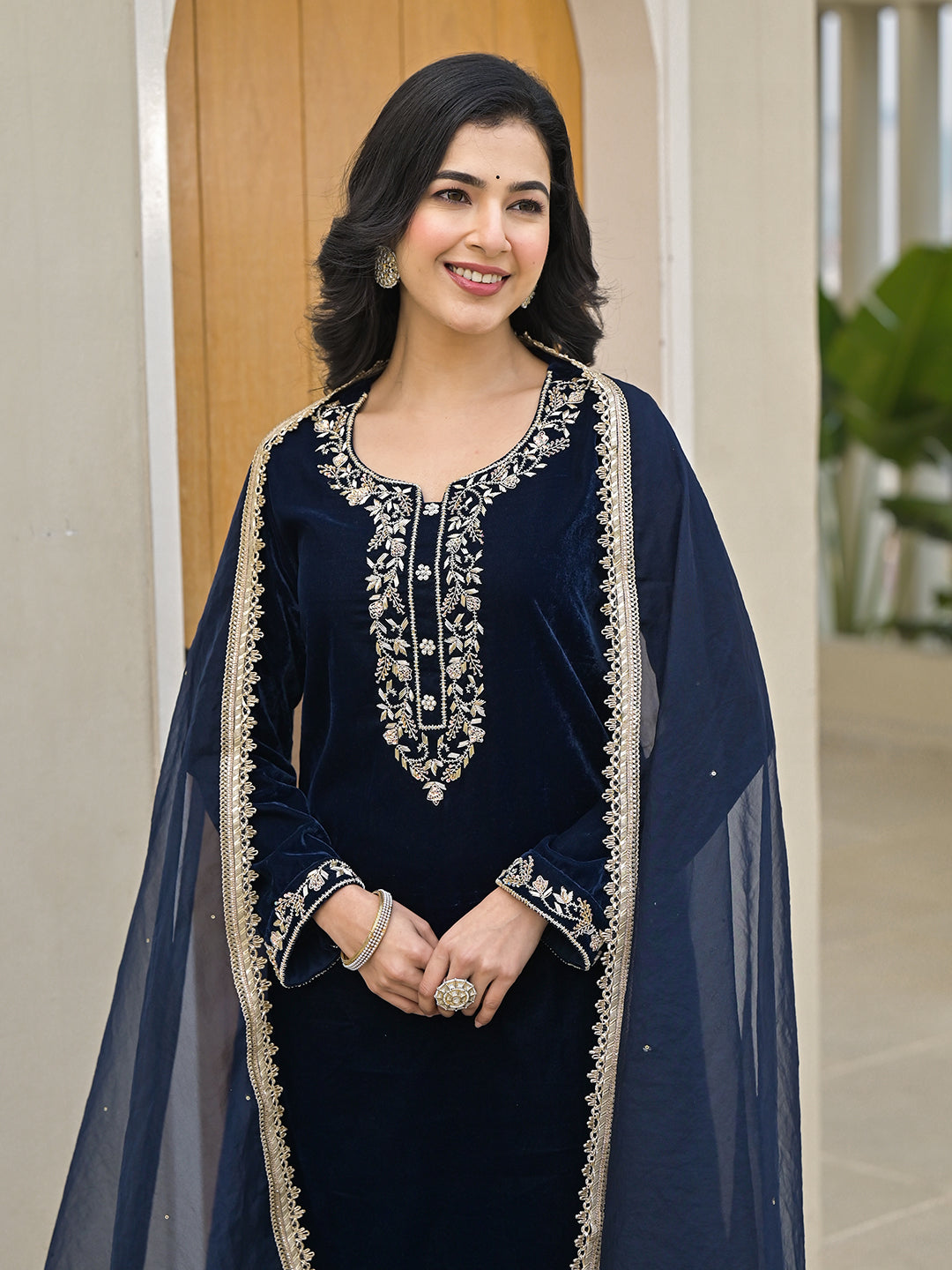 Noe Velarro Embroidered Blue Velvet Kurta Pant Dupatta Set for Women